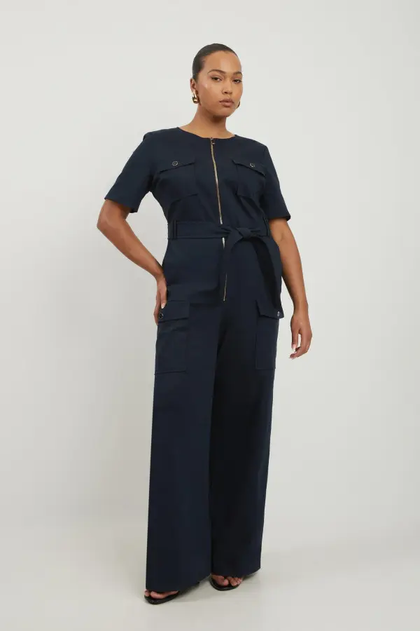 Plus Size Cargo Pocket Belted Wide Leg Tailored Jumpsuit