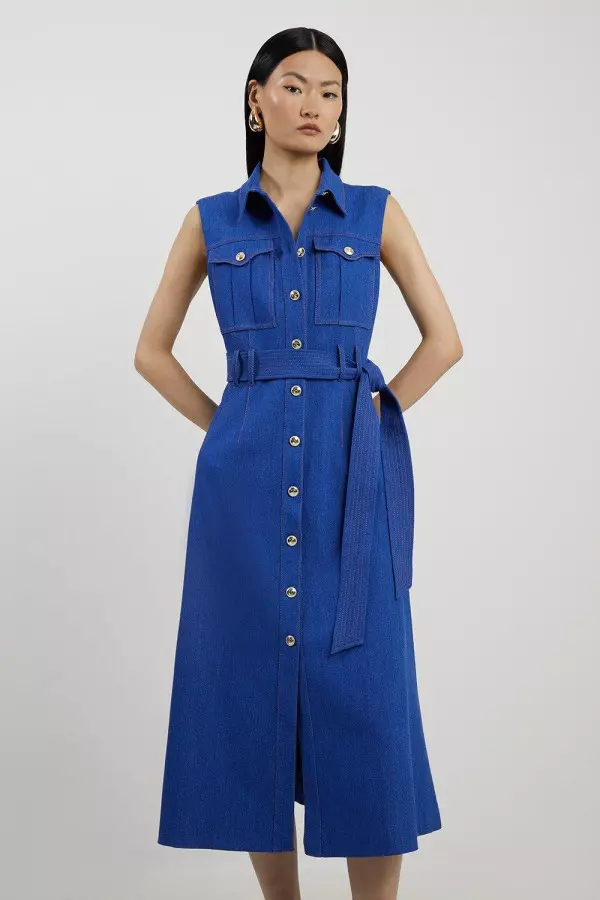 Tailored Denim Pocket Belted Full Skirt Midi Shirt Dress