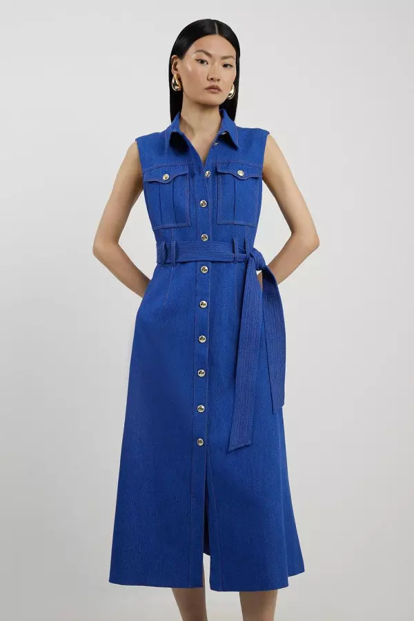 Petite Tailored Denim Pocket Belted Full Skirt Midi Shirt Dress