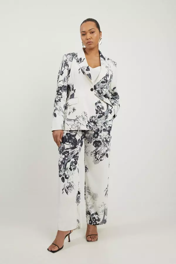 Plus Size Tailored Crepe Mono Floral Slim Leg Tailored Trousers
