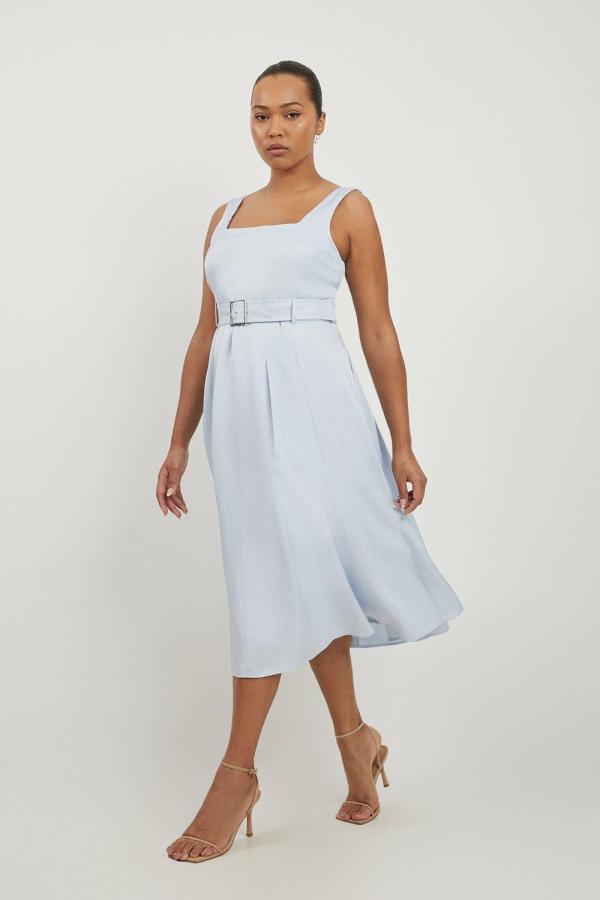 Plus Size Premium Tailored Linen Belted Full Skirt Midi Dress