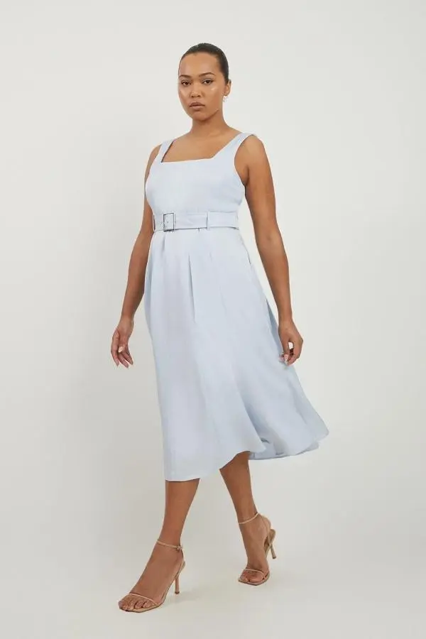 Plus Size Premium Tailored Linen Belted Full Skirt Midi Dress