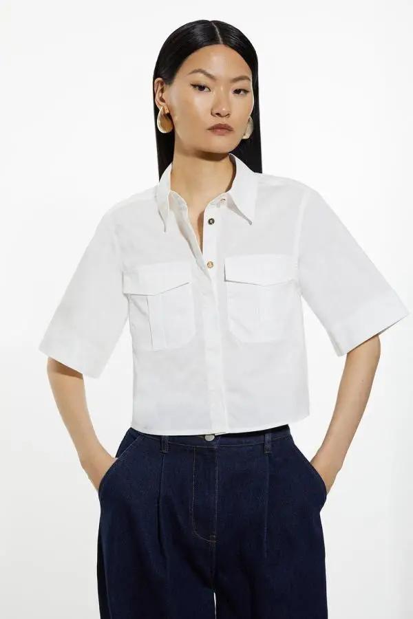 Utility Poplin Pocket Detail Woven Crop Shirt