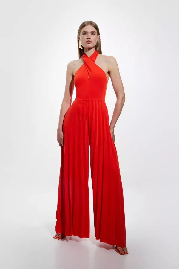 Soft Tailored Full Pleated Halter Neck Jumpsuit