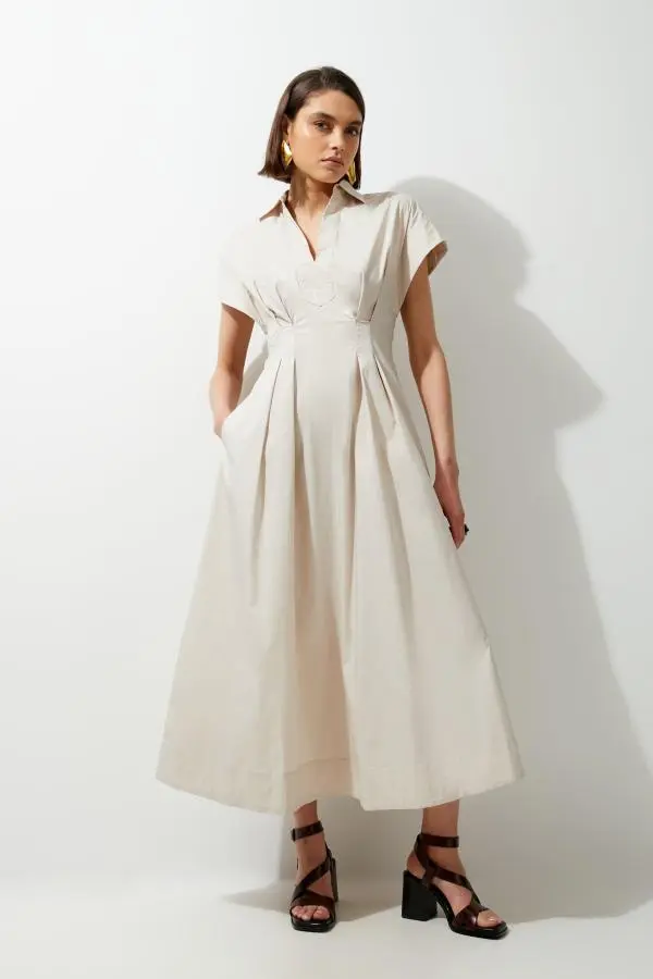 Poplin Dropped Strong Shoulder Woven Shirt Dress