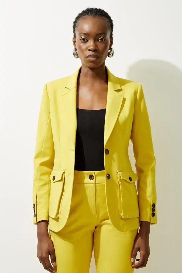 Tailored Cotton Stretch Pocket Detail Belted Tailored Blazer