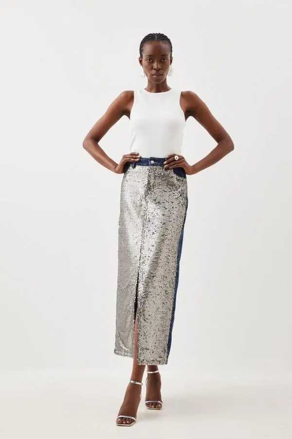 Denim & Sequin Maxi Skirt