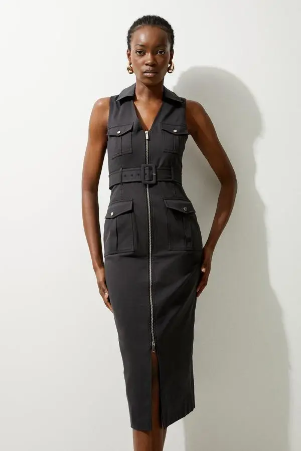 Tailored Cotton Belted Cargo Pocket Midi Shirt Dress