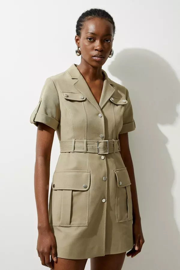 Tailored Cotton Stretch Pocketed Belted Tailored Mini Shirt Dress