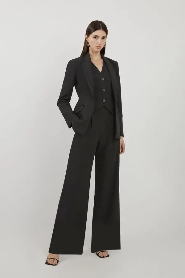 Petite Clean Tailored Grosgrain Tipped Wide Leg Trousers