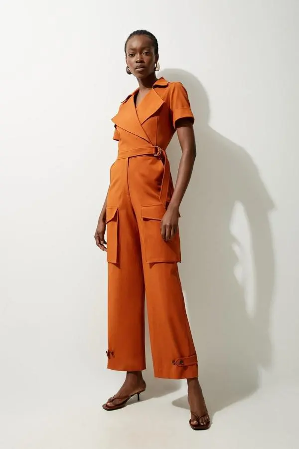 Tailored Cotton Stretch Belted Wide Leg Shirt Jumpsuit