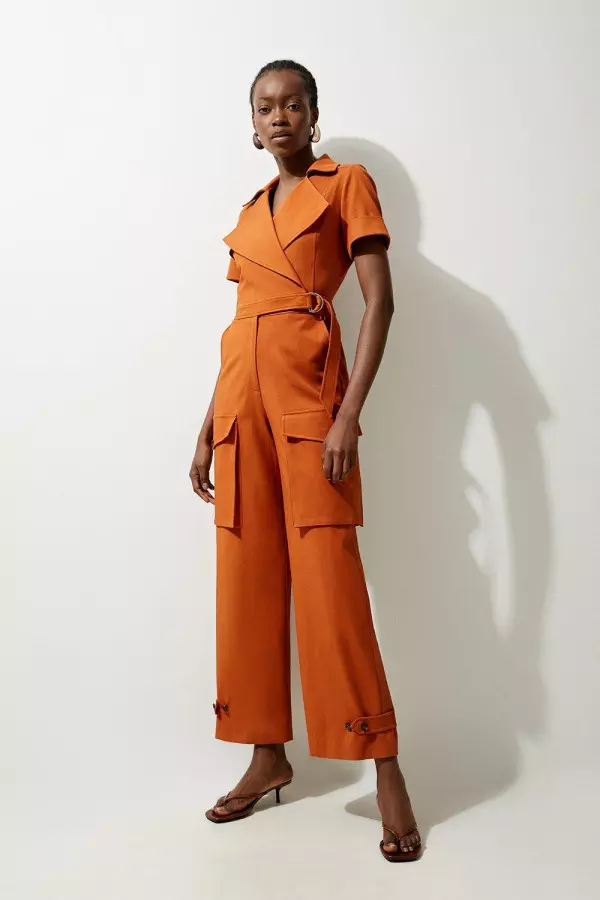 Tailored Cotton Stretch Belted Wide Leg Shirt Jumpsuit