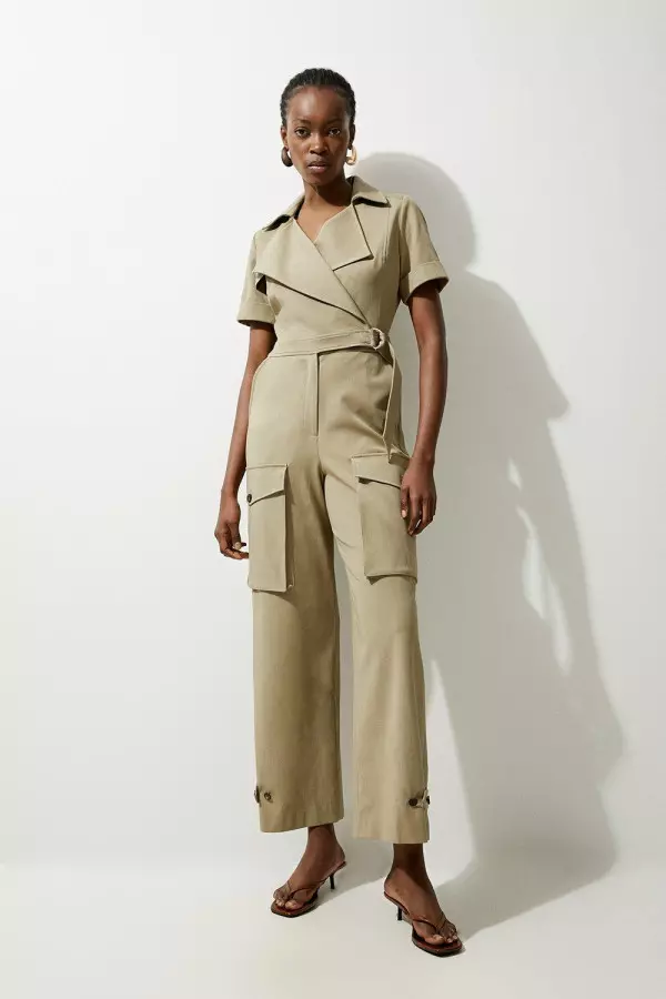 Tailored Cotton Stretch Belted Wide Leg Shirt Jumpsuit