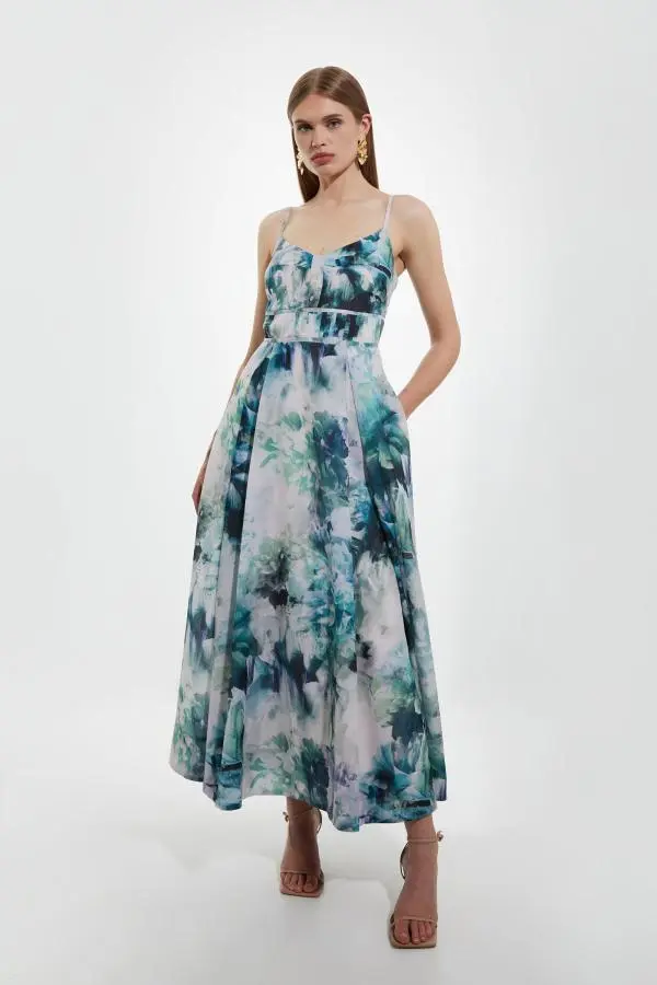 Watercolour Cotton Voile Strappy Woven Maxi Dress