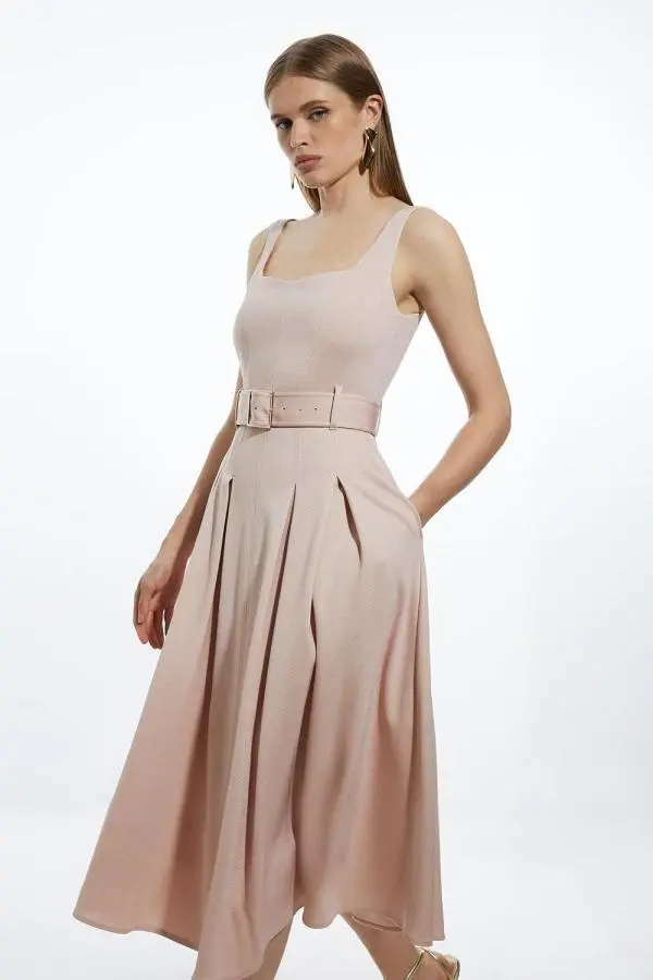 Italian Structured Rib Tailored Square Neck Belted Midi Dress