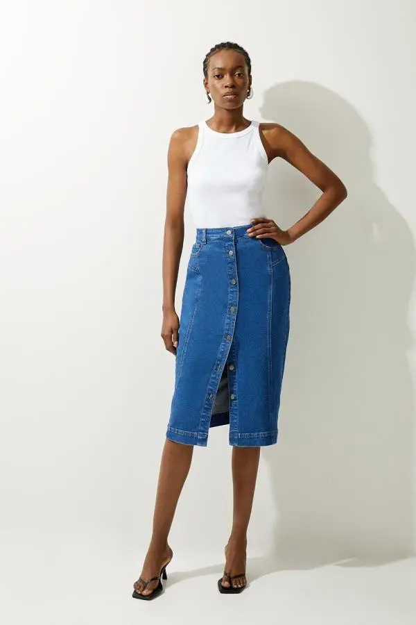 Denim Button Through Midi Skirt