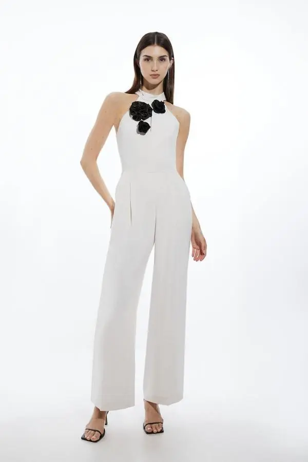 Soft Tailored Corsage Keyhole Halterneck Wide Leg Jumpsuit