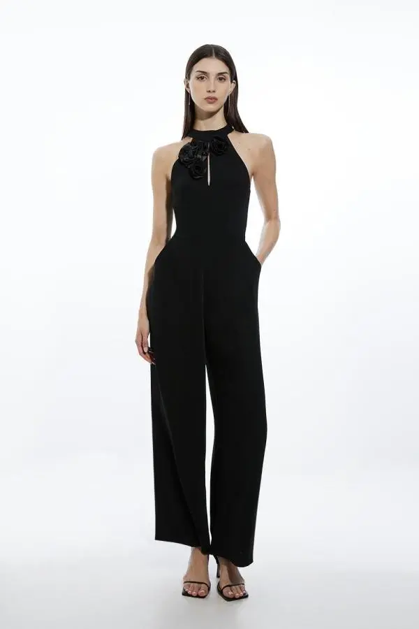 Soft Tailored Corsage Keyhole Halterneck Wide Leg Jumpsuit