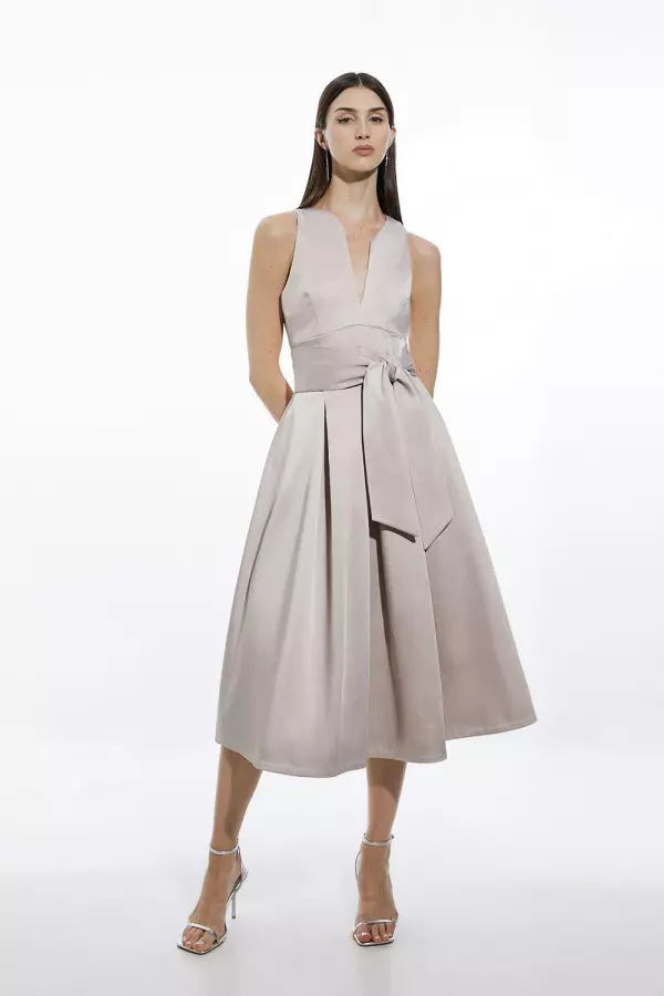 Tailored Satin Bow Detail Full Skirted Midaxi Dress
