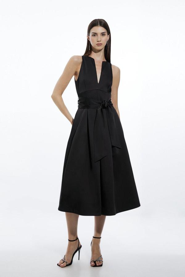 Tailored Satin Bow Detail Full Skirted Midaxi Dress