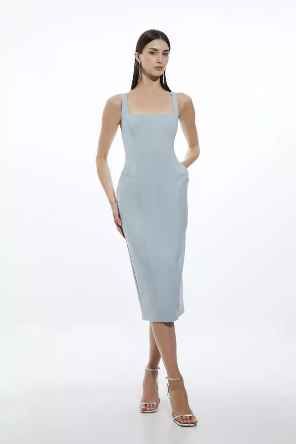 Petite Topstitch Detail Techno Cotton Woven Midi Dress