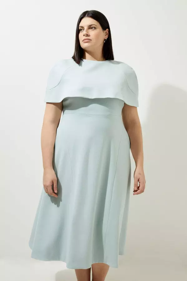 Lydia Millen Plus Size Structured Crepe Cape Sleeve Full Skirt Tailored Midaxi Dress