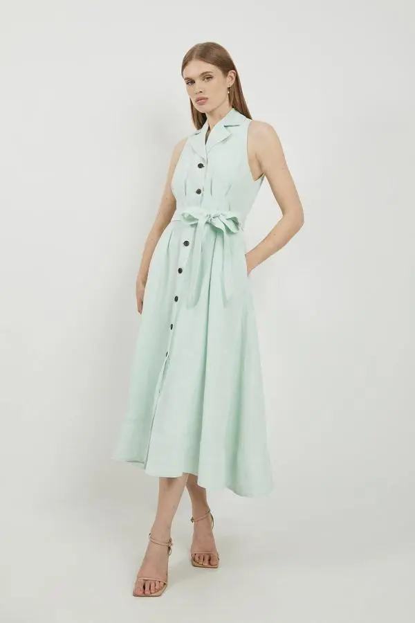 Lydia Millen Premium Linen Tailored Belted Sleeveless Midaxi Shirt Dress