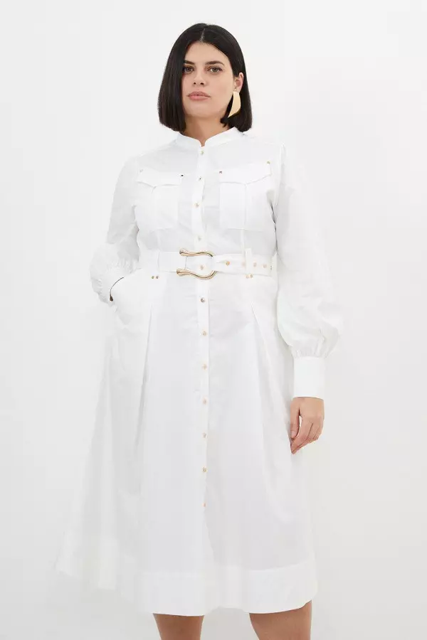 Plus Size Cotton Sateen Button Detail Woven Maxi Shirt Dress