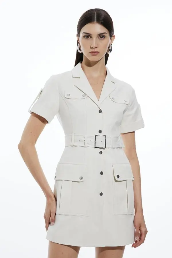 Tailored Cotton Stretch Pocketed Belted Tailored Mini Shirt Dress