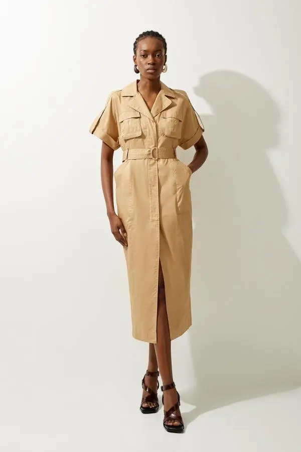 Cotton Sateen Woven Cargo Short Sleeve Shirt Midi Dress