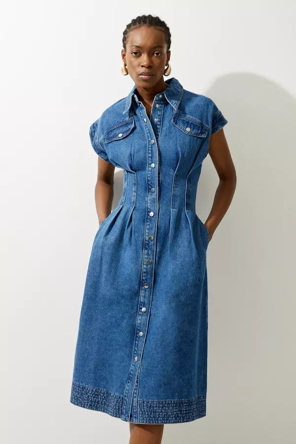 Denim Button Through Darted Waist Midaxi Shirt Dress