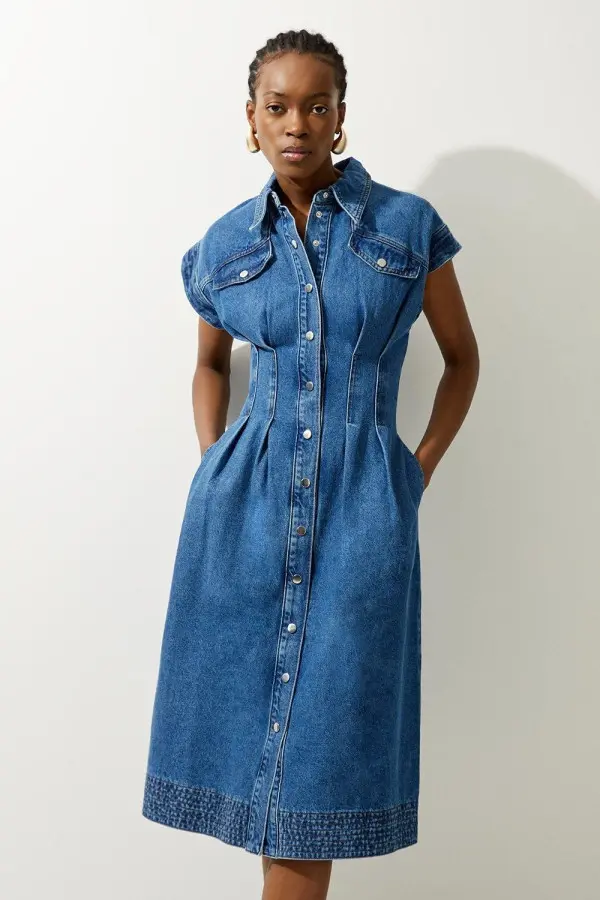 Denim Button Through Darted Waist Midaxi Shirt Dress