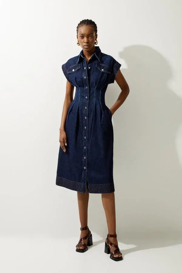 Denim Button Through Darted Waist Midaxi Shirt Dress