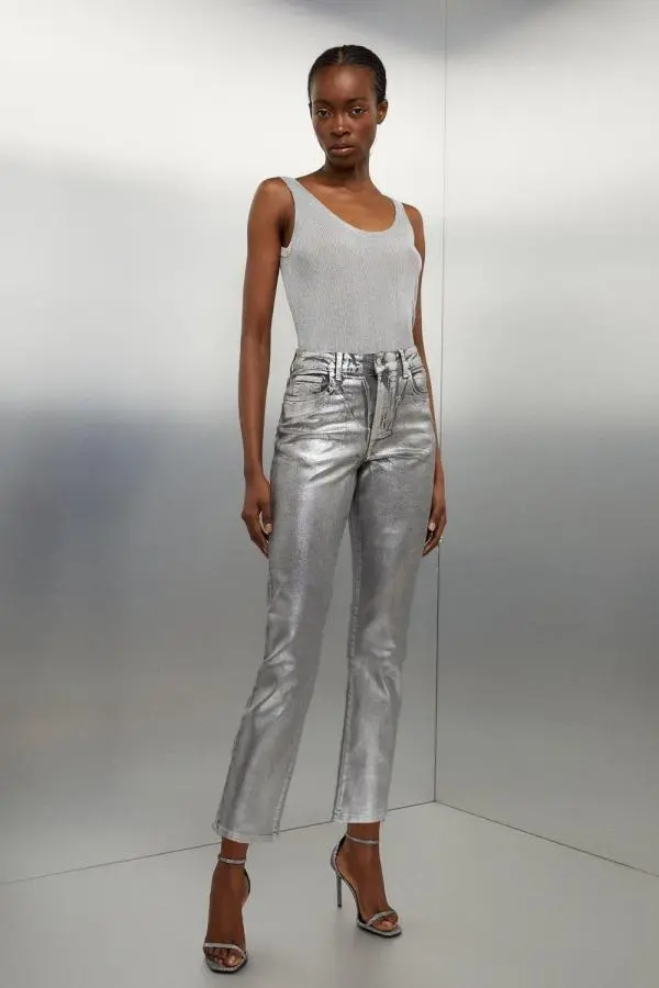 High Rise Slim Leg Silver Foiled Jeans