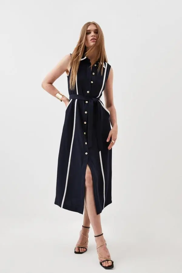 Soft Tailored Pipe Detail Sleeveless Shirt Dress