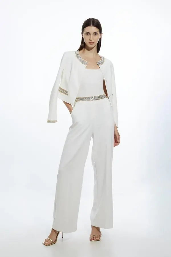 Embellished Waistband Straight Leg Tailored Trousers