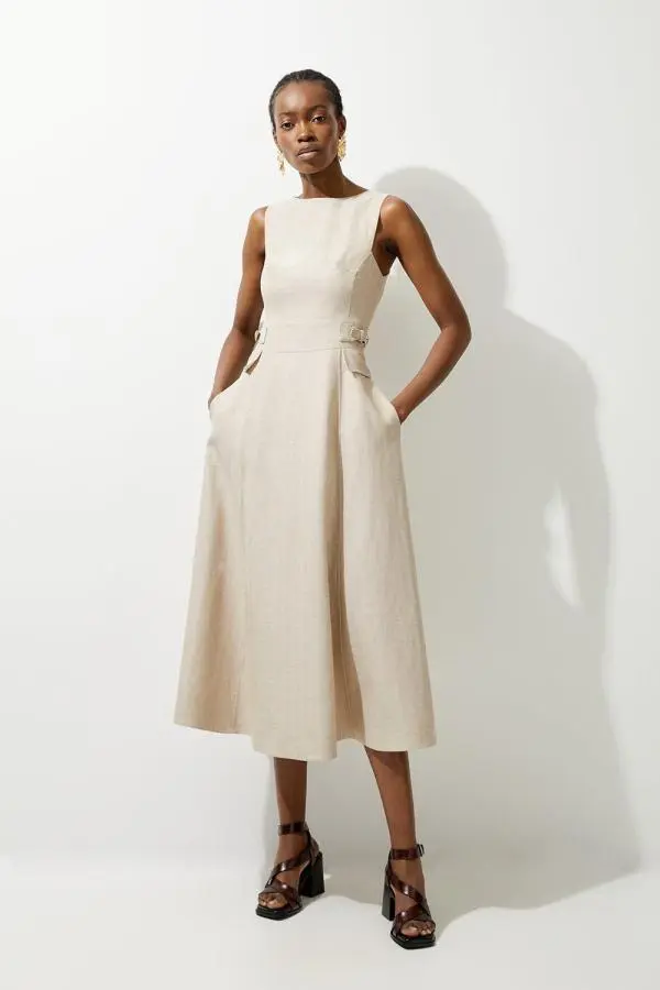 Premium Linen Tab Waist Detail Full Skirt Tailored Midi Dress