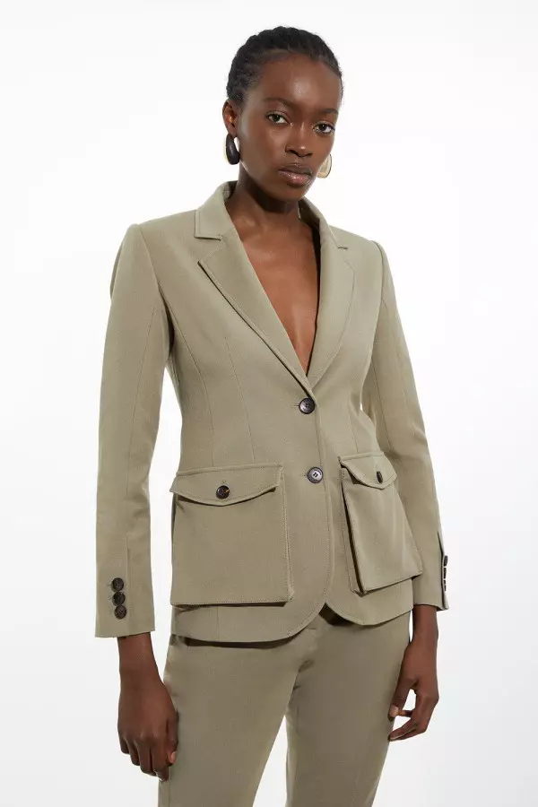 Tailored Cotton Stretch Pocket Detail Belted Tailored Blazer
