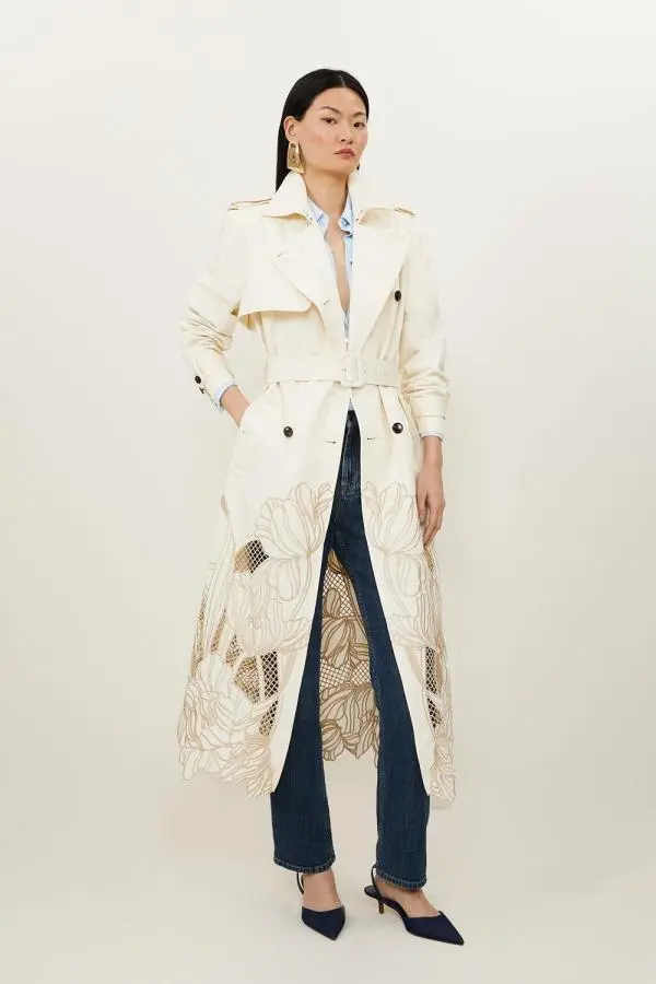 Tailored Cutwork Embroidered Belted Trench Coat