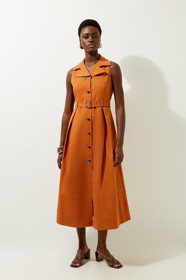 Tailored Cotton Halter Neck Belted Full Skirted Shirt Dress