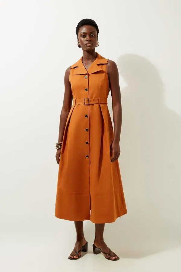 Tailored Cotton Halter Neck Belted Full Skirted Shirt Dress