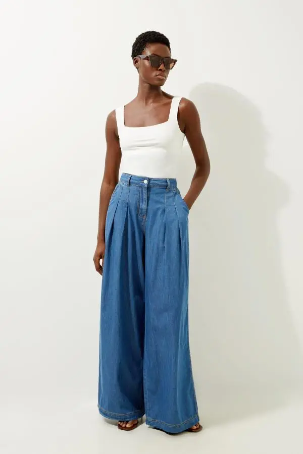 Tailored Chambray Denim Straight Leg Pleated Trousers