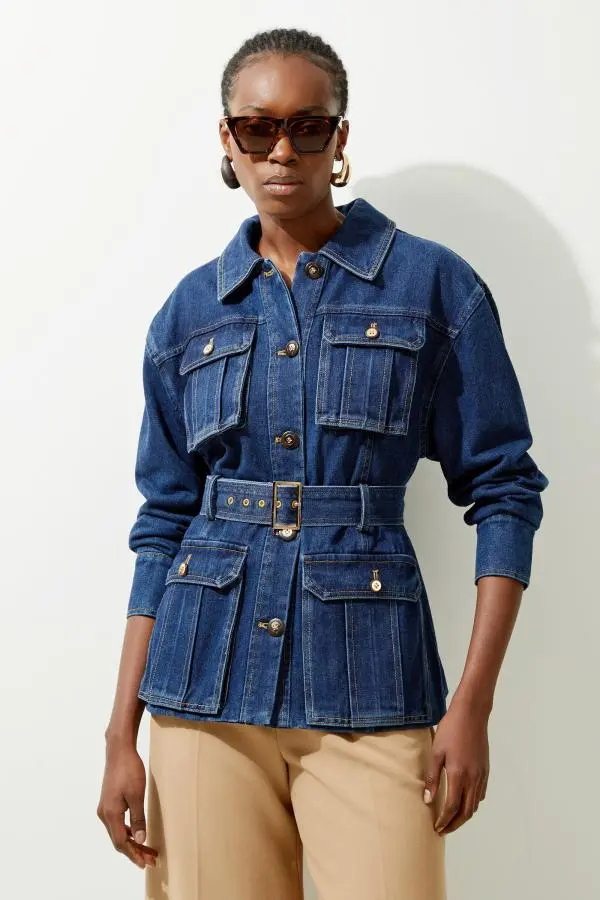 Denim Pocket Detail Belted Safari Jacket