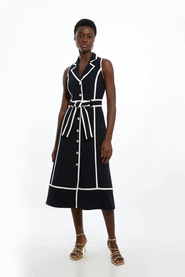 Fluid Tailored Sleeveless Belted Contrast Tipped Midaxi Shirt Dress