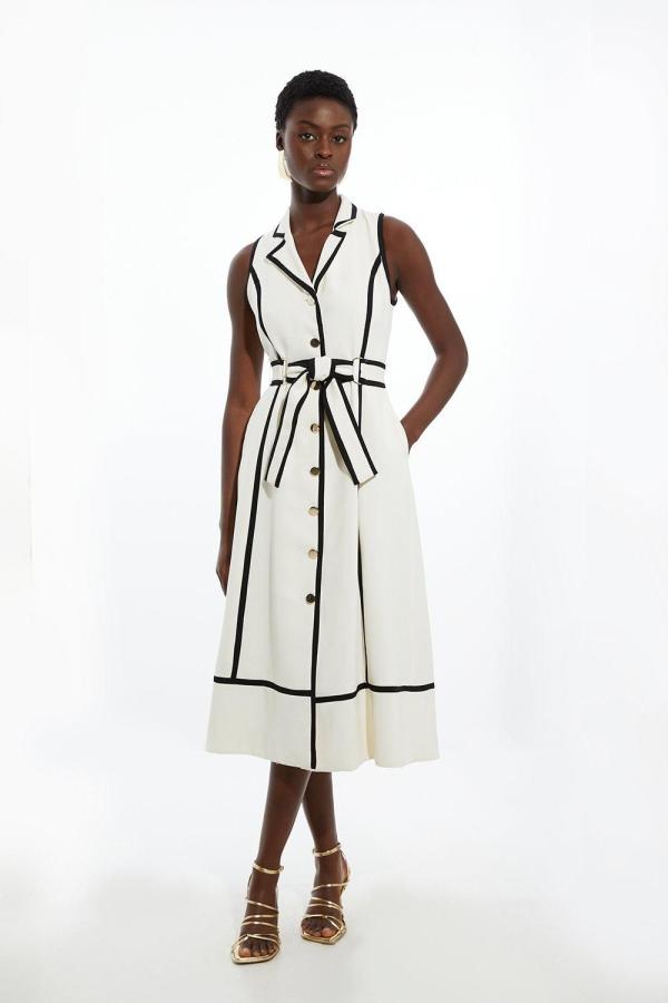 Fluid Tailored Sleeveless Belted Contrast Tipped Midaxi Shirt Dress