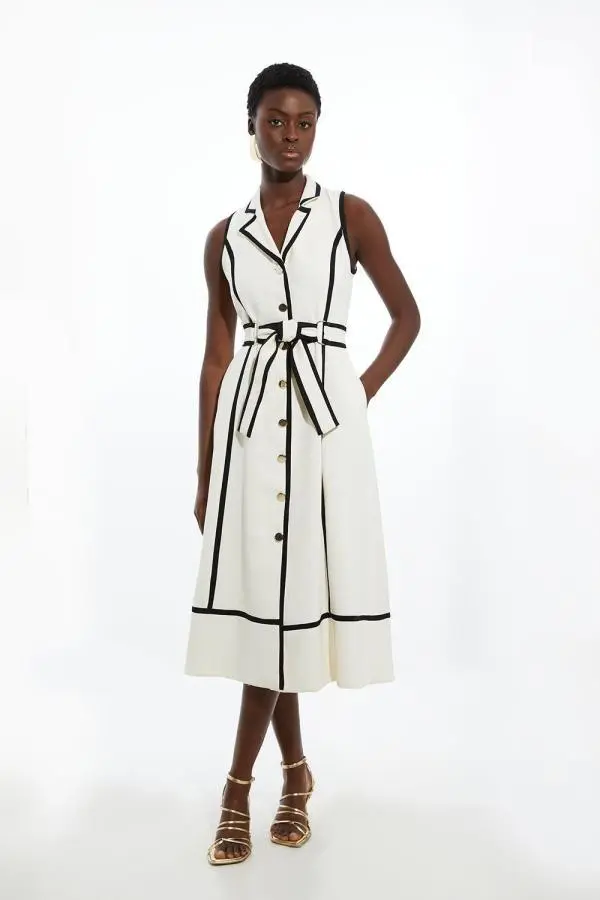 Fluid Tailored Sleeveless Belted Contrast Tipped Midaxi Shirt Dress