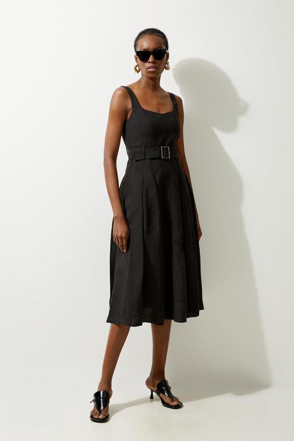 Tailored Linen Belted Full Skirt Midi Dress