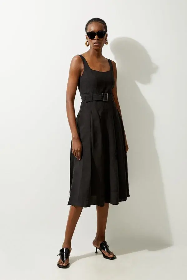 Tailored Linen Belted Full Skirt Midi Dress