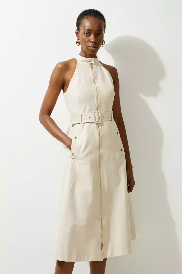 Tailored Cotton Belted Halter Neck Full Skirted Midaxi Dress