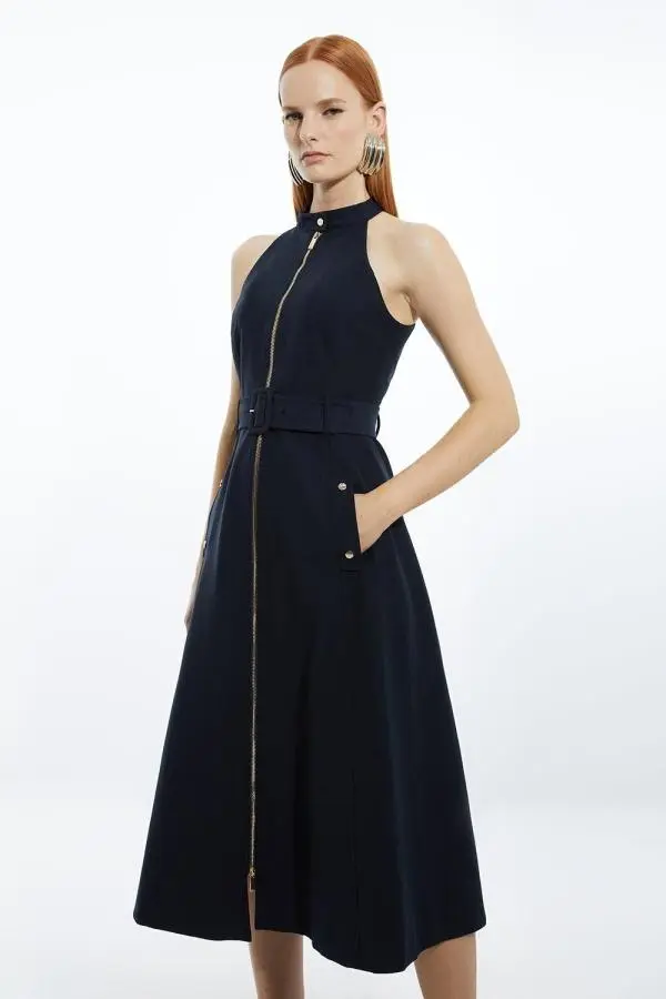 Tailored Cotton Belted Halter Neck Full Skirted Midaxi Dress